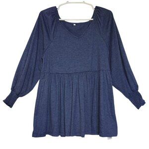 Alishebuy Long Sleeve Blue Top With Smocked Cuffs & V-Neckline.NWT